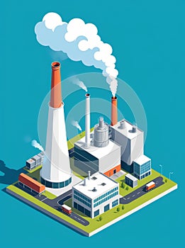 Isometric industrial enterprise producing pollutant emissions into the atmosphere with factory. Vector illustration in flat style.