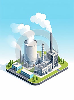 Isometric industrial enterprise producing pollutant emissions into the atmosphere with factory. Vector illustration in flat style.