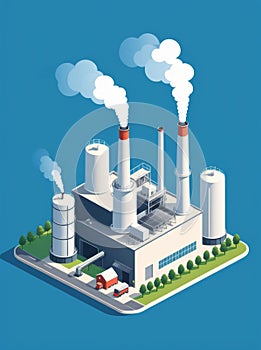 Isometric industrial enterprise producing pollutant emissions into the atmosphere with factory. Vector illustration in flat style.