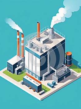 Isometric industrial enterprise producing pollutant emissions into the atmosphere with factory. Vector illustration in flat style.