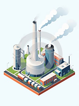 Isometric industrial enterprise producing pollutant emissions into the atmosphere with factory. Vector illustration in flat style.