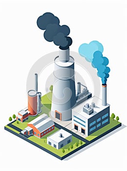 Isometric industrial enterprise producing pollutant emissions into the atmosphere with factory. Vector illustration in flat style.