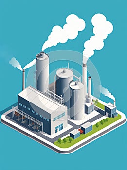 Isometric industrial enterprise producing pollutant emissions into the atmosphere with factory. Vector illustration in flat style.