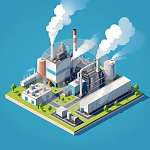 Isometric industrial enterprise producing pollutant emissions into the atmosphere with factory. Vector illustration in flat style.