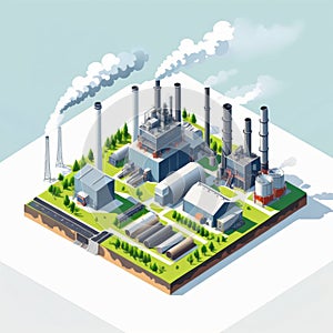 Isometric industrial enterprise producing pollutant emissions into the atmosphere with factory. Vector illustration in flat style.