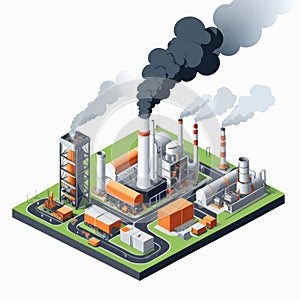 Isometric industrial enterprise producing pollutant emissions into the atmosphere with factory. Vector illustration in flat style.