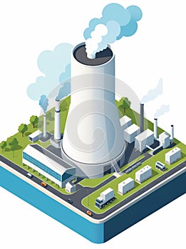 Isometric industrial enterprise producing pollutant emissions into the atmosphere with factory. Vector illustration in flat style.