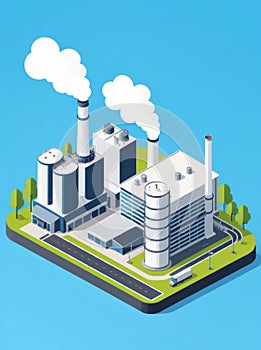 Isometric industrial enterprise producing pollutant emissions into the atmosphere with factory. Vector illustration in flat style.