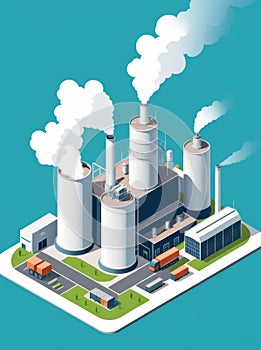 Isometric industrial enterprise producing pollutant emissions into the atmosphere with factory. Vector illustration in flat style.