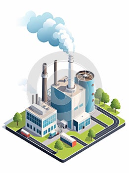 Isometric industrial enterprise producing pollutant emissions into the atmosphere with factory. Vector illustration in flat style.