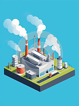 Isometric industrial enterprise producing pollutant emissions into the atmosphere with factory. Vector illustration in flat style.