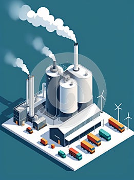 Isometric industrial enterprise producing pollutant emissions into the atmosphere with factory. Vector illustration in flat style.