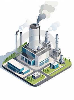 Isometric industrial enterprise producing pollutant emissions into the atmosphere with factory. Vector illustration in flat style.