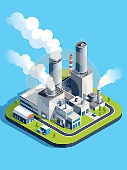 Isometric industrial enterprise producing pollutant emissions into the atmosphere with factory. Vector illustration in flat style.