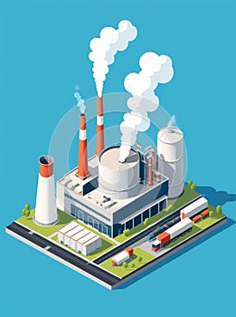 Isometric industrial enterprise producing pollutant emissions into the atmosphere with factory. Vector illustration in flat style.