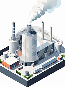 Isometric industrial enterprise producing pollutant emissions into the atmosphere with factory. Vector illustration in flat style.