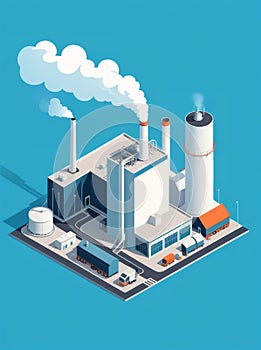 Isometric industrial enterprise producing pollutant emissions into the atmosphere with factory. Vector illustration in flat style.