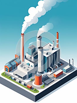 Isometric industrial enterprise producing pollutant emissions into the atmosphere with factory. Vector illustration in flat style.