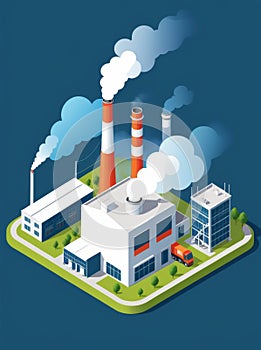 Isometric industrial enterprise producing pollutant emissions into the atmosphere with factory. Vector illustration in flat style.