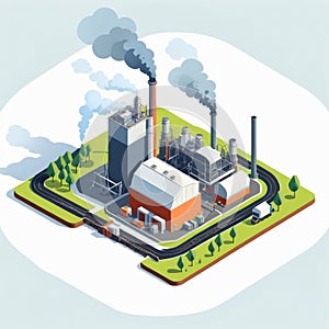 Isometric industrial enterprise producing pollutant emissions into the atmosphere with factory. Vector illustration in flat style.