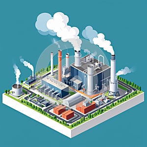 Isometric industrial enterprise producing pollutant emissions into the atmosphere with factory. Vector illustration in flat style.