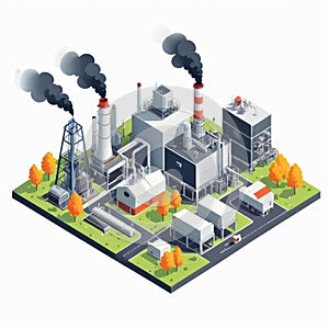 Isometric industrial enterprise producing pollutant emissions into the atmosphere with factory. Vector illustration in flat style.