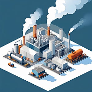 Isometric industrial enterprise producing pollutant emissions into the atmosphere with factory. Vector illustration in flat style.