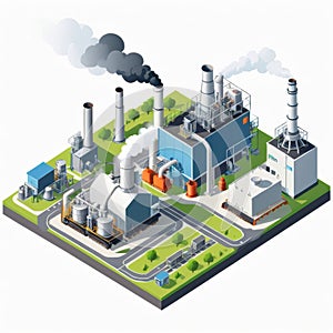 Isometric industrial enterprise producing pollutant emissions into the atmosphere with factory. Vector illustration in flat style.