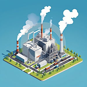 Isometric industrial enterprise producing pollutant emissions into the atmosphere with factory. Vector illustration in flat style.