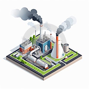 Isometric industrial enterprise producing pollutant emissions into the atmosphere with factory. Vector illustration in flat style.