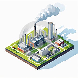 Isometric industrial enterprise producing pollutant emissions into the atmosphere with factory. Vector illustration in flat style.