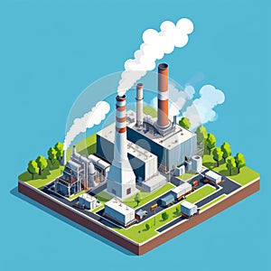 Isometric industrial enterprise producing pollutant emissions into the atmosphere with factory. Vector illustration in flat style.