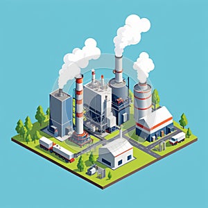 Isometric industrial enterprise producing pollutant emissions into the atmosphere with factory. Vector illustration in flat style.