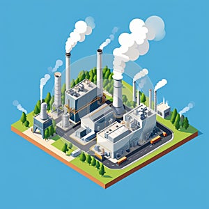 Isometric industrial enterprise producing pollutant emissions into the atmosphere with factory. Vector illustration in flat style.