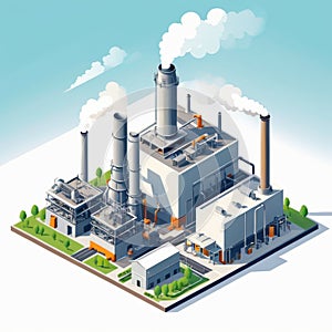 Isometric industrial enterprise producing pollutant emissions into the atmosphere with factory. Vector illustration in flat style.