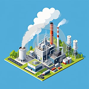 Isometric industrial enterprise producing pollutant emissions into the atmosphere with factory. Vector illustration in flat style.