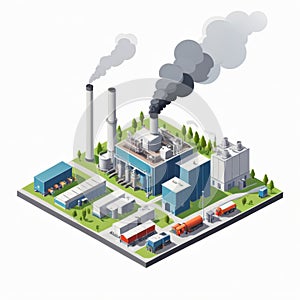 Isometric industrial enterprise producing pollutant emissions into the atmosphere with factory. Vector illustration in flat style.