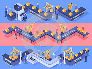 Isometric industrial factory automated line. Packaging conveyor equipment, automation line and industry factories vector