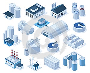 Isometric industrial factory buildings, warehouse, water purification system. Plant buildings, factories with tanks