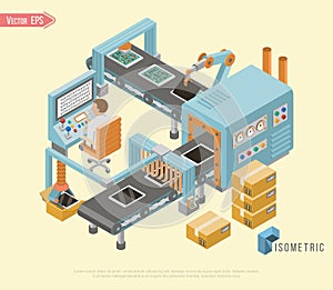 Isometric industrial factory horizontal banners with automated lines of production assembly.