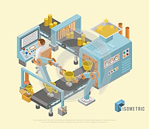 Isometric industrial factory horizontal banners with automated lines of production assembly.
