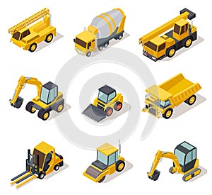 Isometric industrial machinery. 3d construction equipment truck vehicle power tools heavy machine excavator bulldozer