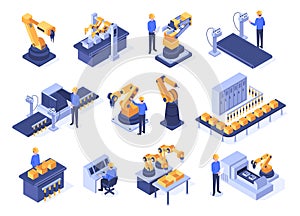 Isometric industrial robots. Assembly line machines, robotic arms with engineer workers and manufacturing technologies photo