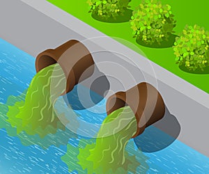 Isometric industrial sewage concept. Toxic wastes dumped in clean drink water. The danger for the environment