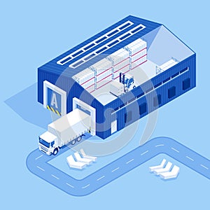 Isometric Industrial Warehouse Loading Dock. Truck with Semi Trailers Load Merchandise.