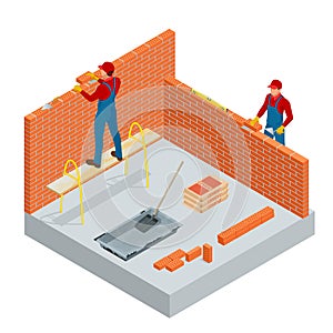 Isometric industrial worker building exterior walls, using hammer and level for laying bricks in cement. Construction