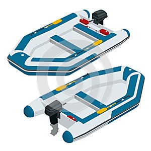 Isometric inflatable boat. A modern inflatable boat with rigid wooden floorboards, a transom and an inflatable keel