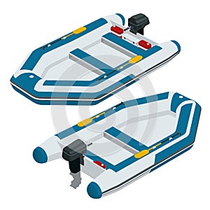 Isometric inflatable boat. A modern inflatable boat with rigid wooden floorboards, a transom and an inflatable keel photo