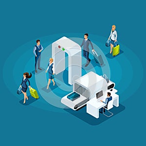 Isometric infographic concept of passing baggage inspection at the entrance to the airport building, business trip
