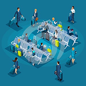Isometric infographic concept of the waiting room of an international airport, transit zone, business ladies and businessmen